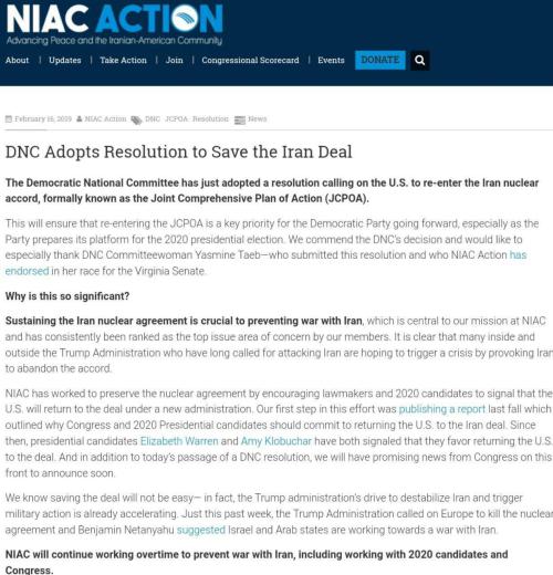 سایت خبرى کنگره ملى ایرانیان آمریکا NIAC، مطلبى منتشر نموده که تایید می‌کند دیروز کنگره ملى حزب دموکرات آمریکا بازگشت ایالات متحده